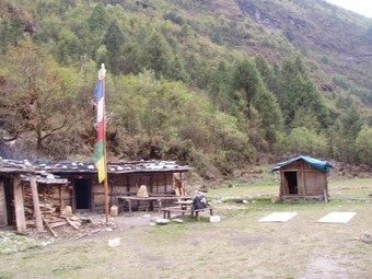 Первое жилье по ущелью &mdash; три маленьких хижины, разводят коз, плетут циновки из бамбука