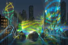 Вода фонтана подкрашивается 25 цветными проекторами и 6600 цветными фонарями. 