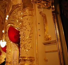 Роскошное сочетание: красный атлас, позолота на бежевом фоне