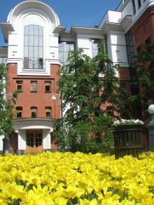 Клумба тюльпанов перед зданием театра (Москва и Подмосковье)