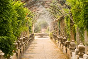 Аллея с колоннами и фонтанами в саду Альфабии