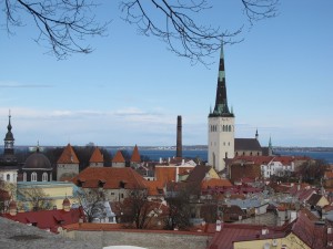 Возвышающийся над старым Таллином шпиль церкви Олевисте (Прибалтика)