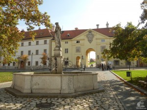Фонтан возле ратуши и въездные ворота на территорию замка (Чехия)
