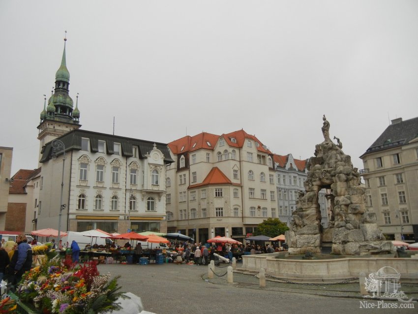Фото достопримечательностей Чехии: Самая активная площадь Брно &mdash; Овощной рынок. В центре &mdash; оригинальный фонтан
