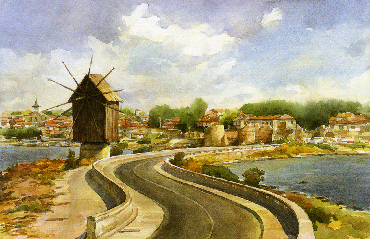 Фото достопримечательностей других стран Европы: Старинная мельница Несебра на акварели болгарского художника