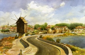 Старинная мельница Несебра на акварели болгарского художника (Разное)