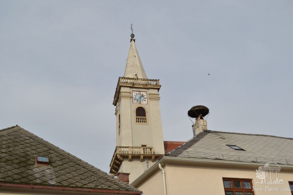 Крыши Руста, гнездо и шпиль собора - Винными дорогами Австрии. Достопримечательности Руста